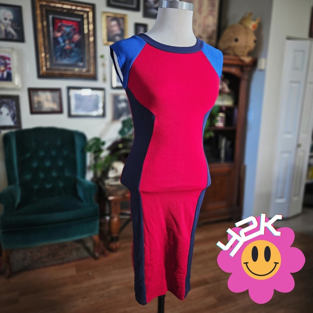 Vintage Y2K Three Hearts DGNY Colorblock Dress Red‎ Sleeveless Midi Bodycon